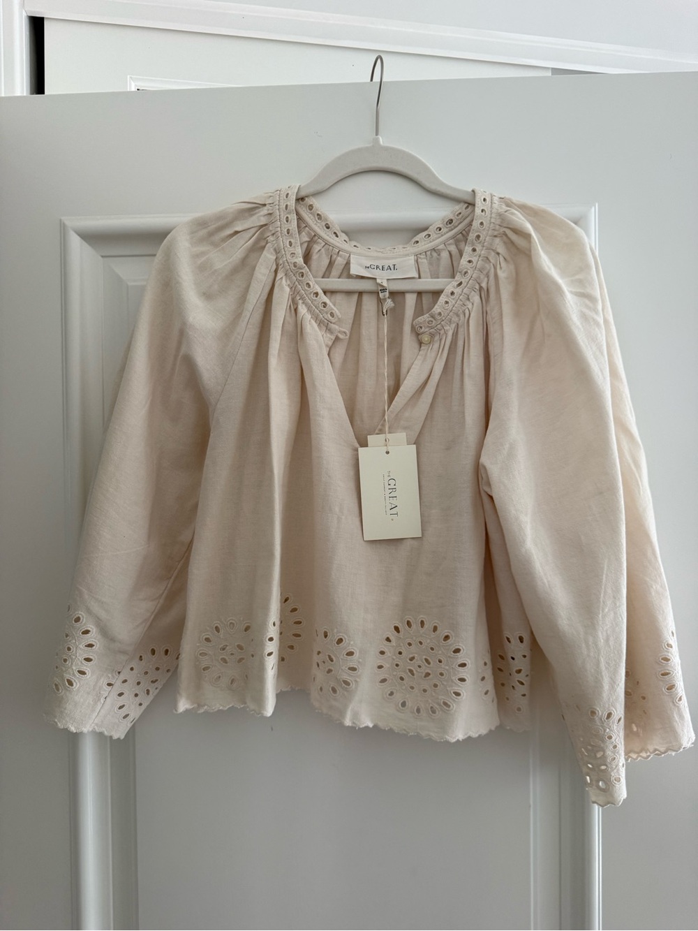 THE GREAT. Cream Eyelet Peasant Blouse with Scoop Neck - Picture 5 of 6